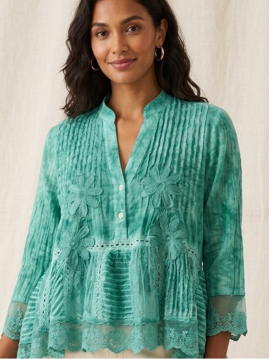 Muche Et Muchette Tops - Muche et Muchette Jolene Voile Top Green Cotton Lace Embroidered Boho Blouse OS